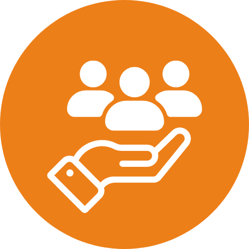 Cartoon icon of hand holding 3 people